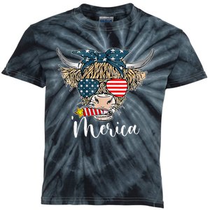 Merica Highland Cow With Bandana Patriotic 4th Of July Kids Tie-Dye T-Shirt