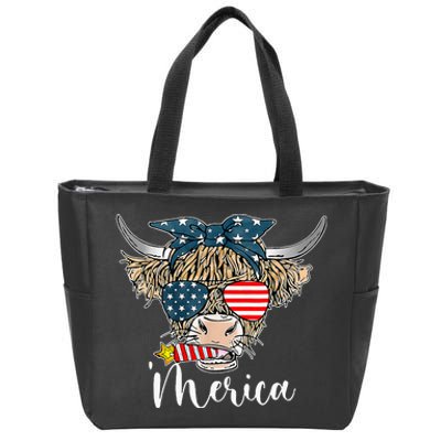 Merica Highland Cow With Bandana Patriotic 4th Of July Zip Tote Bag