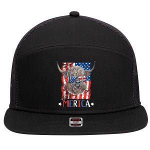 Merica Highland Cow 4th Of July Farming Patriotic Usa Flag Gift 7 Panel Mesh Trucker Snapback Hat