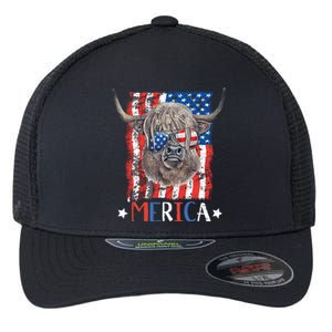 Merica Highland Cow 4th Of July Farming Patriotic Usa Flag Gift Flexfit Unipanel Trucker Cap