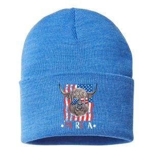 Merica Highland Cow 4th Of July Farming Patriotic Usa Flag Gift Sustainable Knit Beanie