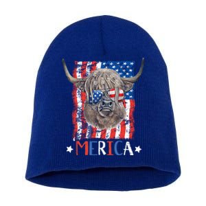 Merica Highland Cow 4th Of July Farming Patriotic Usa Flag Gift Short Acrylic Beanie