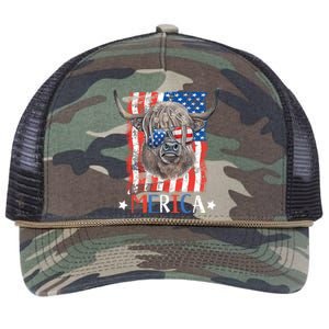 Merica Highland Cow 4th Of July Farming Patriotic Usa Flag Gift Retro Rope Trucker Hat Cap