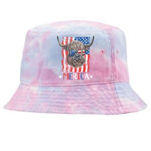 Merica Highland Cow 4th Of July Farming Patriotic Usa Flag Gift Tie-Dyed Bucket Hat