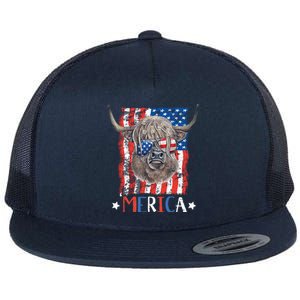 Merica Highland Cow 4th Of July Farming Patriotic Usa Flag Gift Flat Bill Trucker Hat