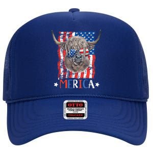 Merica Highland Cow 4th Of July Farming Patriotic Usa Flag Gift High Crown Mesh Back Trucker Hat