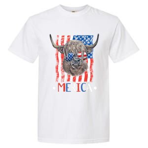 Merica Highland Cow 4th Of July Farming Patriotic Usa Flag Gift Garment-Dyed Heavyweight T-Shirt