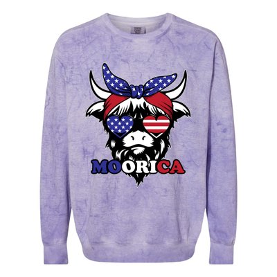 Moorica Highland Cow Fourth 4th Of July Usa Patriotic Cow Gift Colorblast Crewneck Sweatshirt