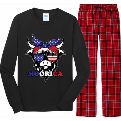 Moorica Highland Cow Fourth 4th Of July Usa Patriotic Cow Gift Long Sleeve Pajama Set