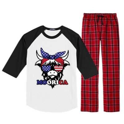 Moorica Highland Cow Fourth 4th Of July Usa Patriotic Cow Gift Raglan Sleeve Pajama Set