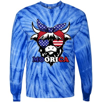 Moorica Highland Cow Fourth 4th Of July Usa Patriotic Cow Gift Tie-Dye Long Sleeve Shirt