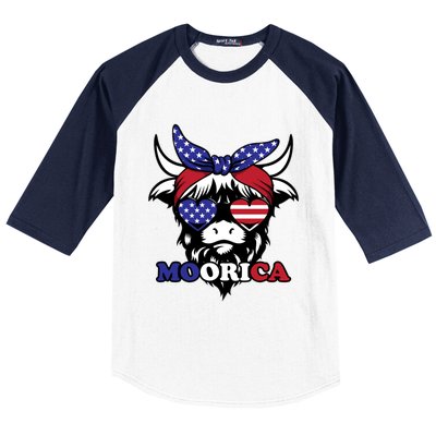 Moorica Highland Cow Fourth 4th Of July Usa Patriotic Cow Gift Baseball Sleeve Shirt