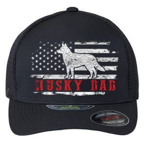 Men Husky Dad Distressed American Flag Patriotic Dog Flexfit Unipanel Trucker Cap