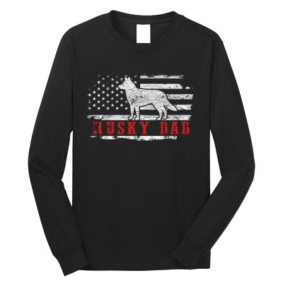 Men Husky Dad Distressed American Flag Patriotic Dog Long Sleeve Shirt