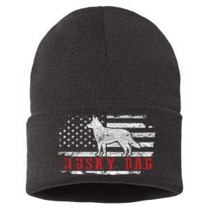 Men Husky Dad Distressed American Flag Patriotic Dog Sustainable Knit Beanie