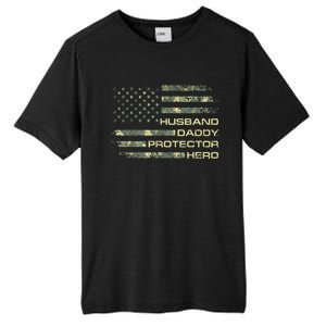 Men Husband Daddy Protector Hero Fathers Day Camo American Flag Tall Fusion ChromaSoft Performance T-Shirt