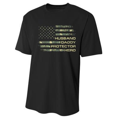 Men Husband Daddy Protector Hero Fathers Day Camo American Flag Performance Sprint T-Shirt