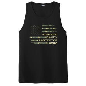 Men Husband Daddy Protector Hero Fathers Day Camo American Flag PosiCharge Competitor Tank