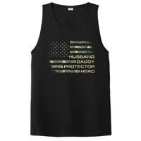 Men Husband Daddy Protector Hero Fathers Day Camo American Flag PosiCharge Competitor Tank