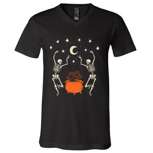 Mystical Halloween Dancing Skeletons V-Neck T-Shirt