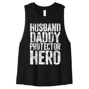 Men Husband Daddy Protector Hero Fathers Day Women's Racerback Cropped Tank