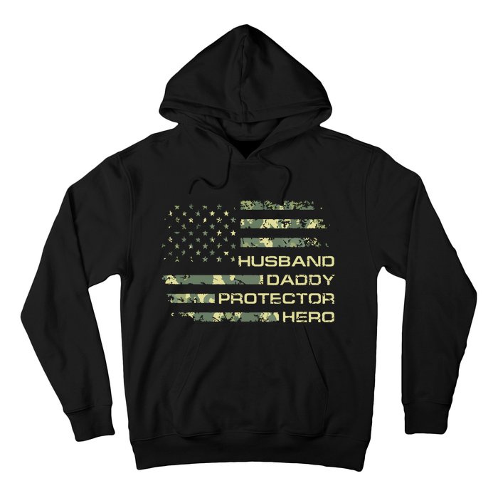 Men Husband Daddy Protector Hero Fathers Day Camo American Flag Hoodie