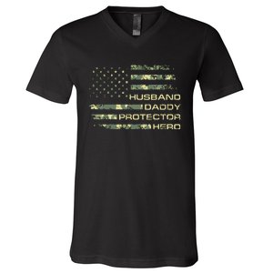 Men Husband Daddy Protector Hero Fathers Day Camo American Flag V-Neck T-Shirt