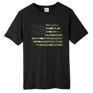 Men Husband Daddy Protector Hero Fathers Day Camo American Flag Tall Fusion ChromaSoft Performance T-Shirt