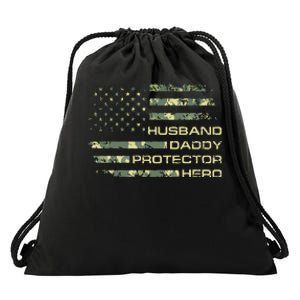 Men Husband Daddy Protector Hero Fathers Day Camo American Flag Drawstring Bag