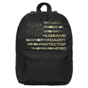 Men Husband Daddy Protector Hero Fathers Day Camo American Flag 16 in Basic Backpack