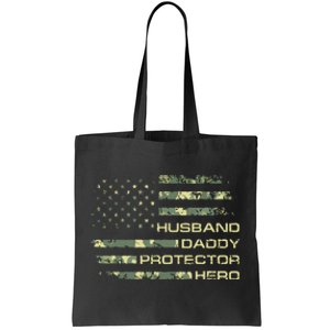 Men Husband Daddy Protector Hero Fathers Day Camo American Flag Tote Bag