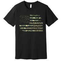 Men Husband Daddy Protector Hero Fathers Day Camo American Flag Premium T-Shirt