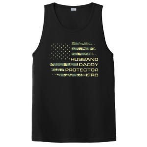 Men Husband Daddy Protector Hero Fathers Day Camo American Flag PosiCharge Competitor Tank