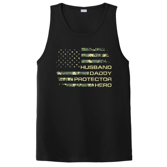 Men Husband Daddy Protector Hero Fathers Day Camo American Flag PosiCharge Competitor Tank