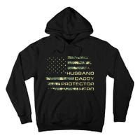 Men Husband Daddy Protector Hero Fathers Day Camo American Flag Tall Hoodie