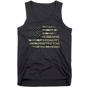 Men Husband Daddy Protector Hero Fathers Day Camo American Flag Tank Top