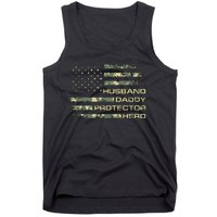 Men Husband Daddy Protector Hero Fathers Day Camo American Flag Tank Top