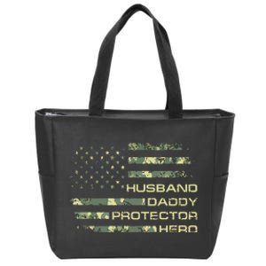 Men Husband Daddy Protector Hero Fathers Day Camo American Flag Zip Tote Bag