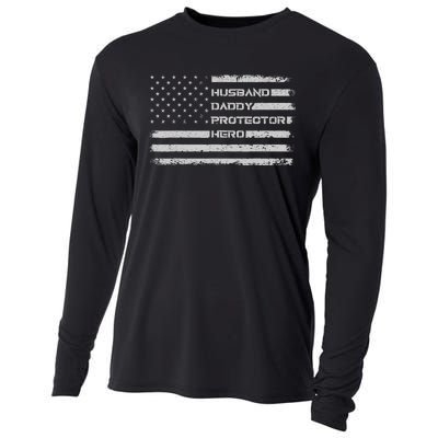 Menss Husband Daddy Protector Hero I Fathers Day Flag Cooling Performance Long Sleeve Crew