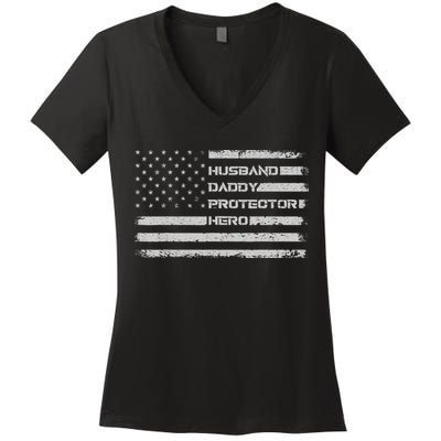 Menss Husband Daddy Protector Hero I Fathers Day Flag Women's V-Neck T-Shirt