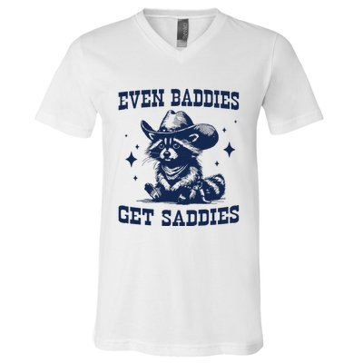 Mental Health Even Baddies Get Saddies Raccoon V-Neck T-Shirt