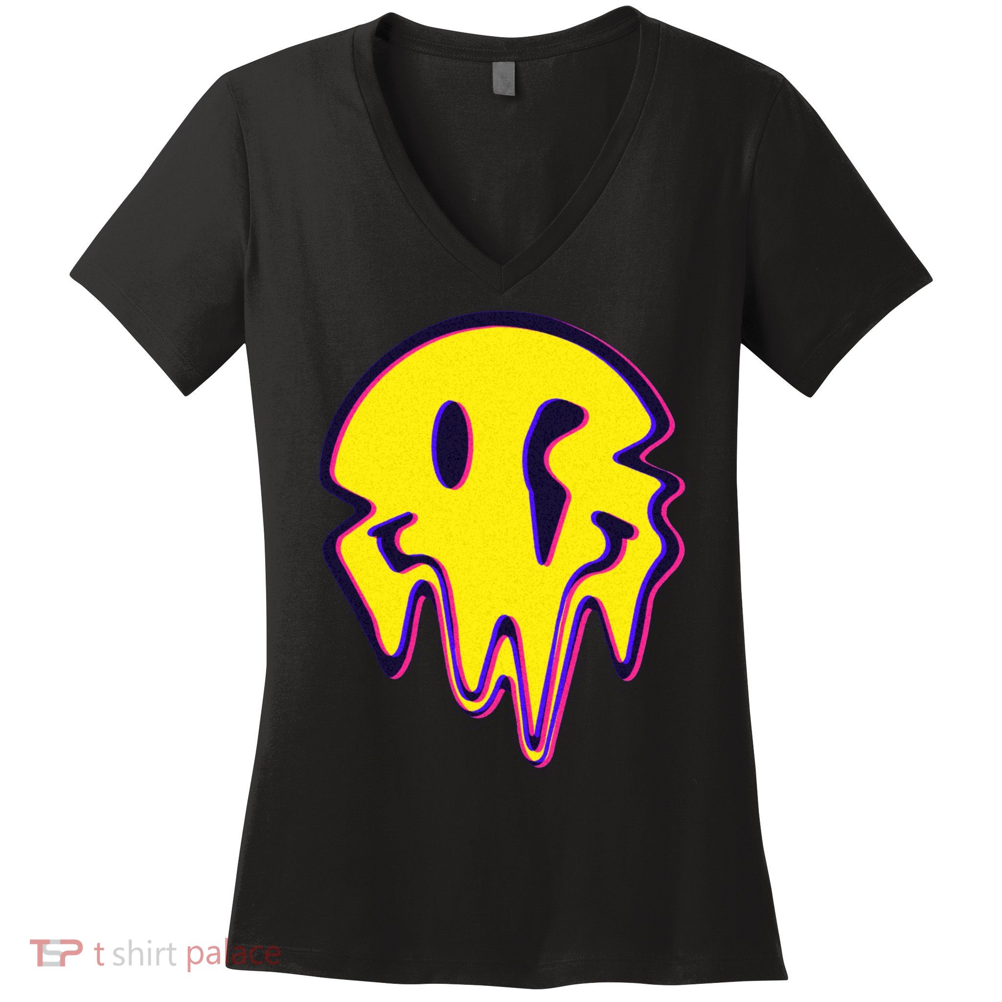 Melting Happy Face Smiley Trippy Acid Women's V-Neck T-Shirt