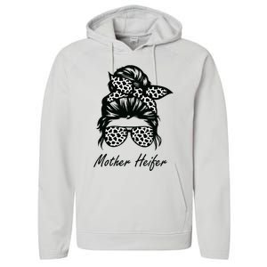 Mother Heifer Farmer Mom Cow Messy Bun Hair Bandana Cow Performance Fleece Hoodie