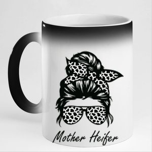 Mother Heifer Farmer Mom Cow Messy Bun Hair Bandana Cow 11oz Black Color Changing Mug