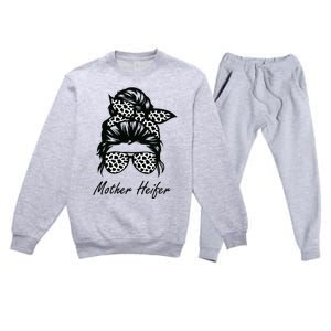 Mother Heifer Farmer Mom Cow Messy Bun Hair Bandana Cow Premium Crewneck Sweatsuit Set