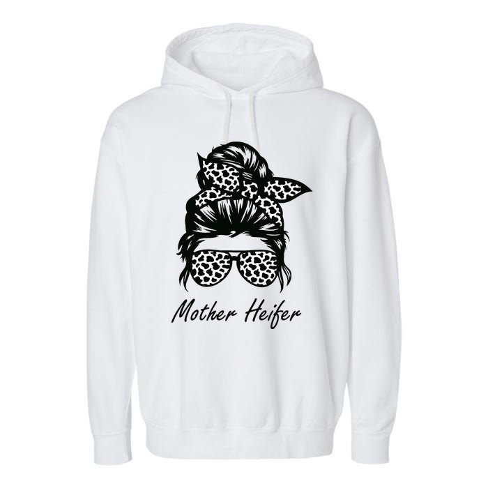 Mother Heifer Farmer Mom Cow Messy Bun Hair Bandana Cow Garment-Dyed Fleece Hoodie