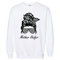 Mother Heifer Farmer Mom Cow Messy Bun Hair Bandana Cow Garment-Dyed Sweatshirt