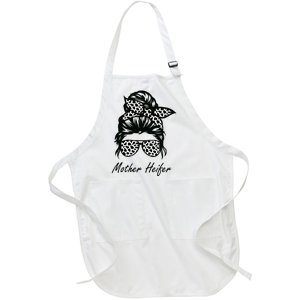 Mother Heifer Farmer Mom Cow Messy Bun Hair Bandana Cow Full-Length Apron With Pockets