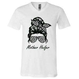 Mother Heifer Farmer Mom Cow Messy Bun Hair Bandana Cow V-Neck T-Shirt