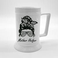 Mother Heifer Farmer Mom Cow Messy Bun Hair Bandana Cow Beer Stein